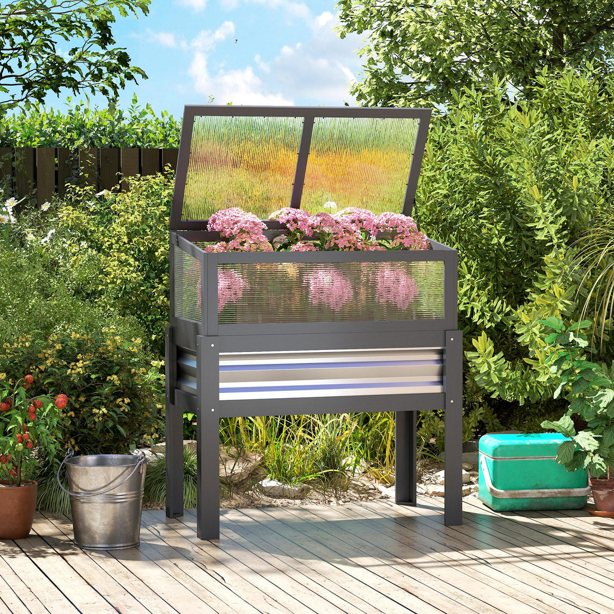 Raised Garden Bed with Flip-Up Greenhouse Top and Legs, Gray