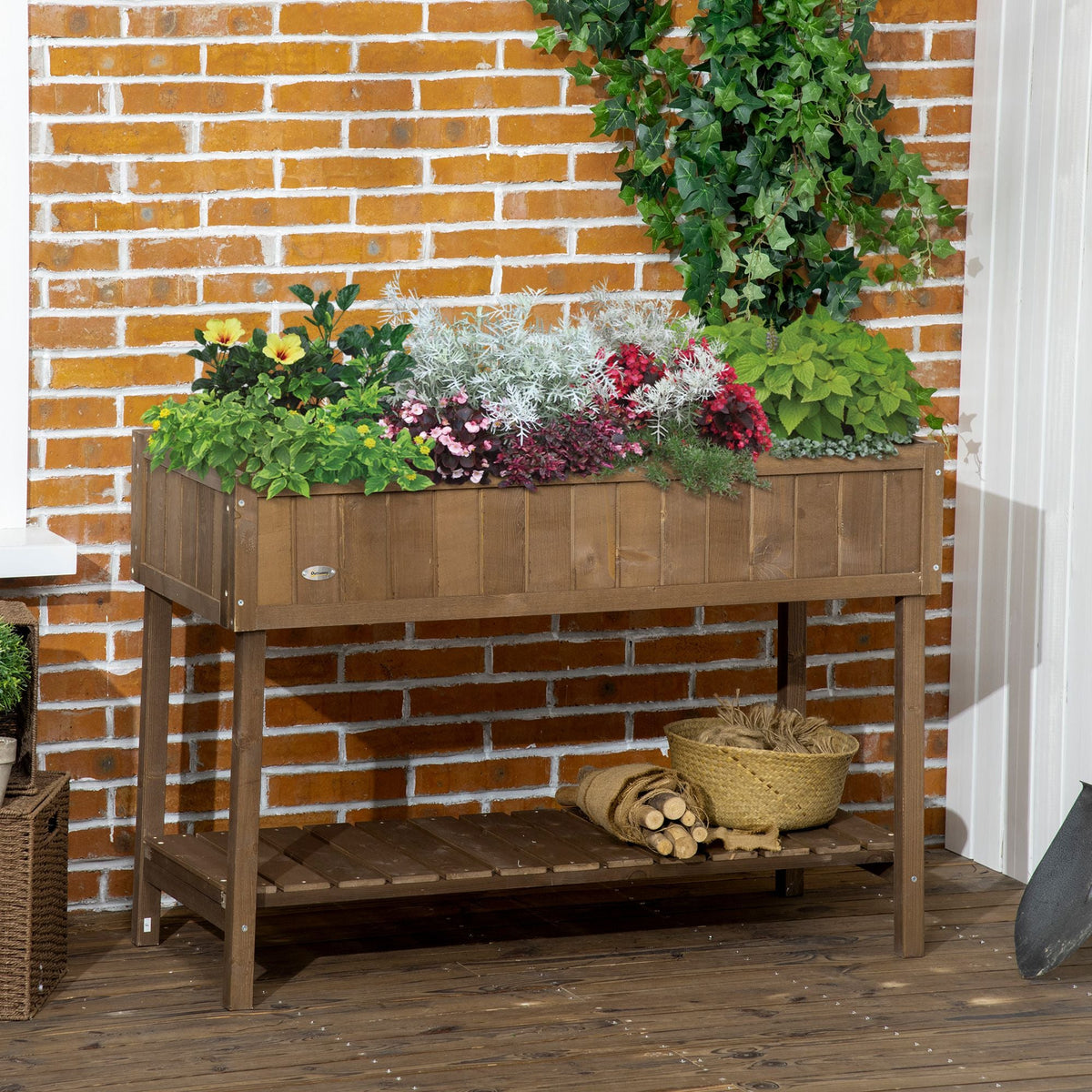 Wooden Raised Bed with Storage Shelf & 8 Pockets, 43" x 18" x 30", Dark Brown