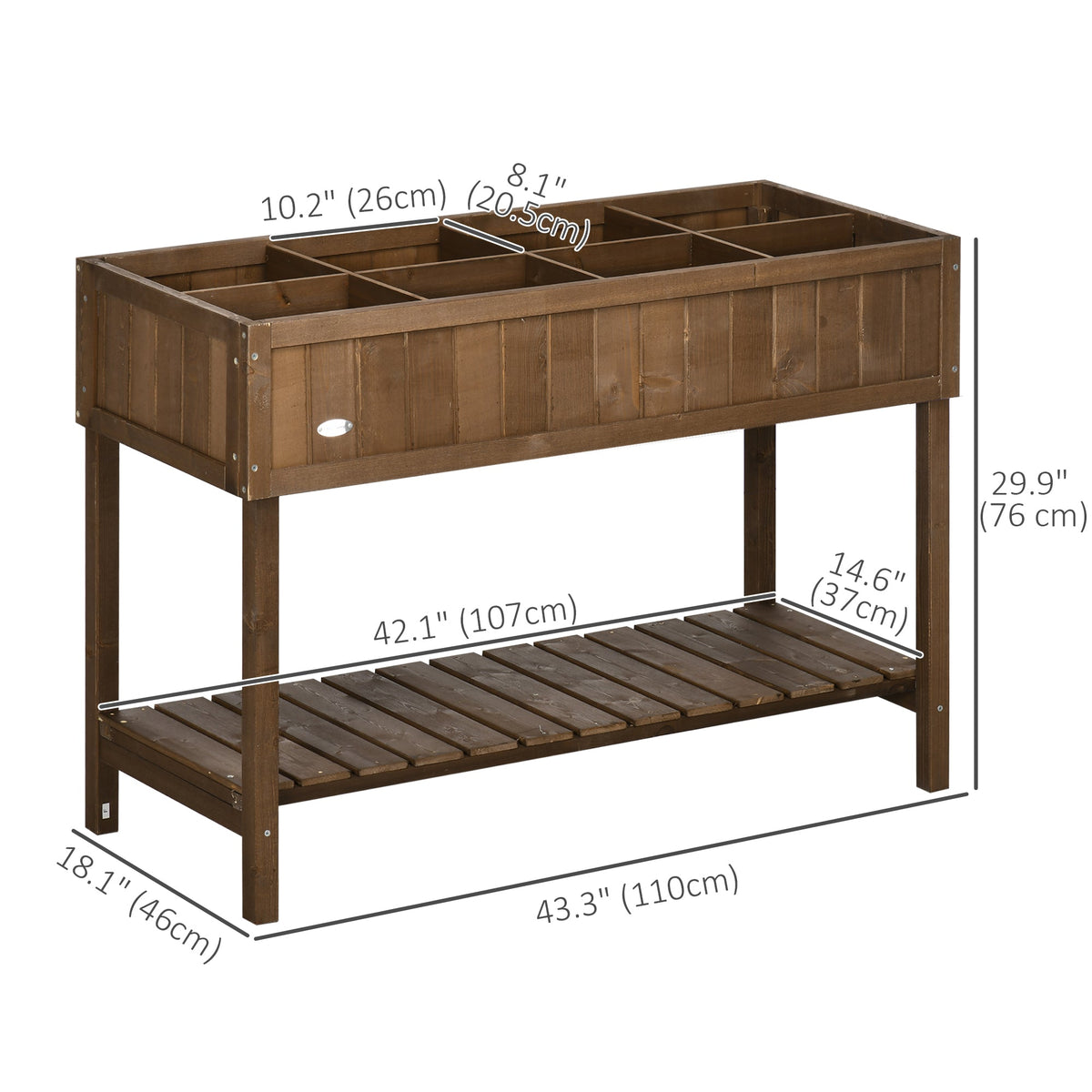 Wooden Raised Bed with Storage Shelf & 8 Pockets, 43" x 18" x 30", Dark Brown