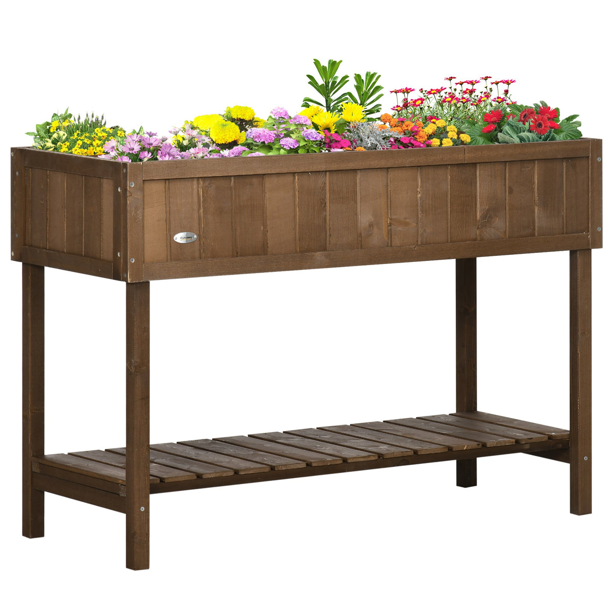 Wooden Raised Bed with Storage Shelf & 8 Pockets, 43" x 18" x 30", Dark Brown