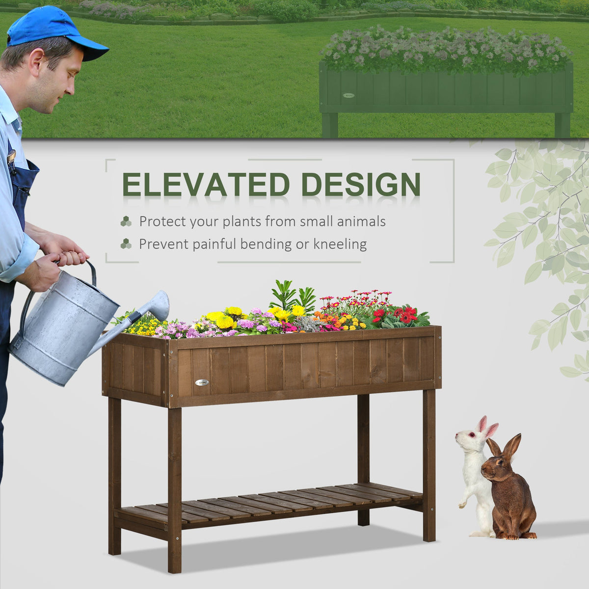 Wooden Raised Bed with Storage Shelf & 8 Pockets, 43" x 18" x 30", Dark Brown
