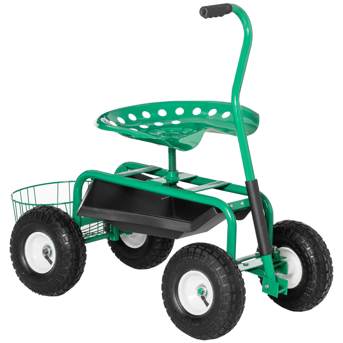 Garden Rolling Cart with Swivel and Adjustable Seat, Tool Tray, Bucket Basket, Green
