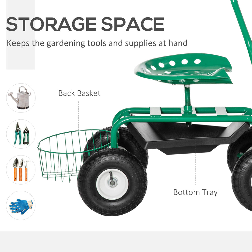 Garden Rolling Cart with Swivel and Adjustable Seat, Tool Tray, Bucket Basket, Green