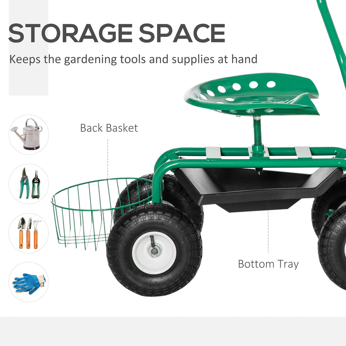 Garden Rolling Cart with Swivel and Adjustable Seat, Tool Tray, Bucket Basket, Green