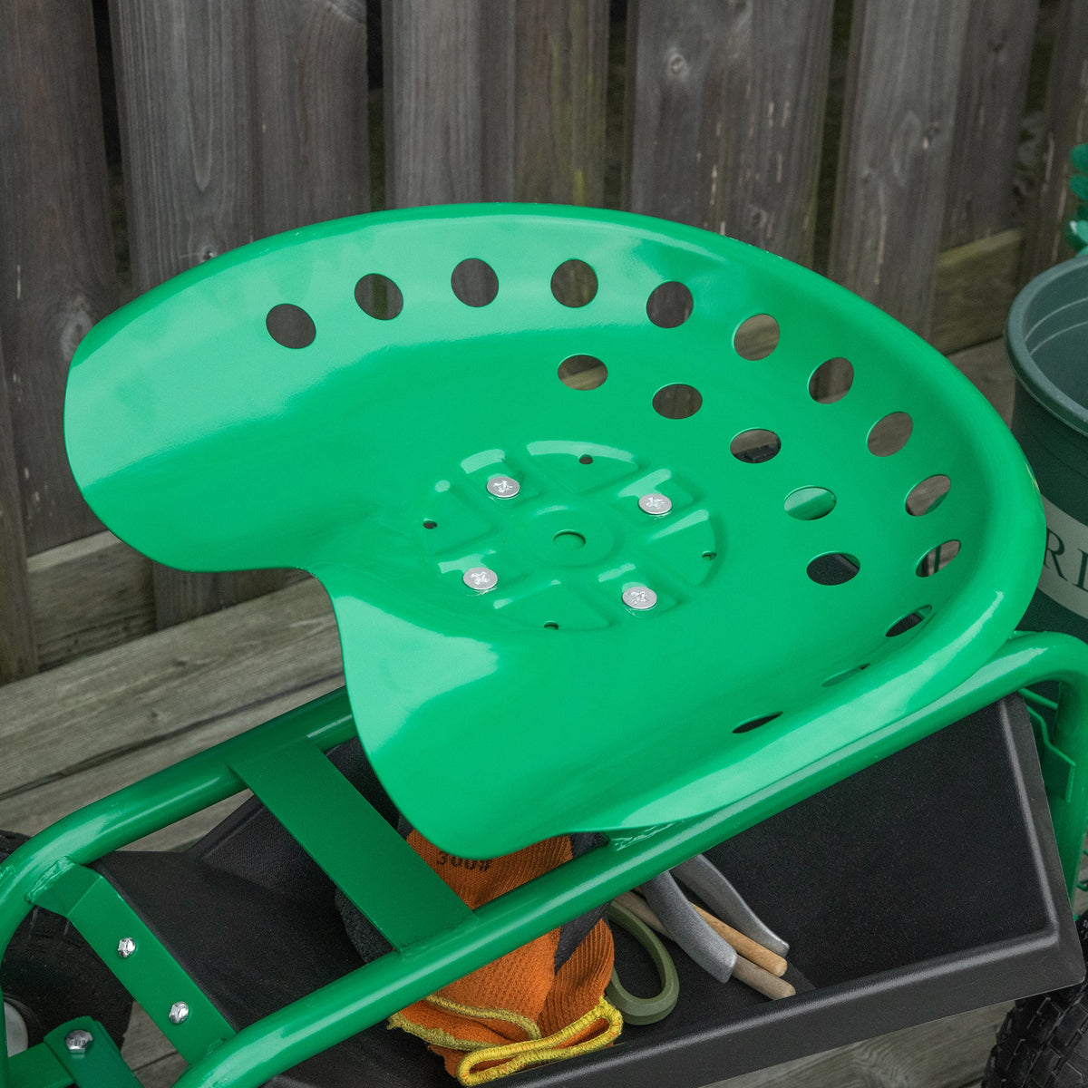 Garden Rolling Cart with Swivel and Adjustable Seat, Tool Tray, Bucket Basket, Green