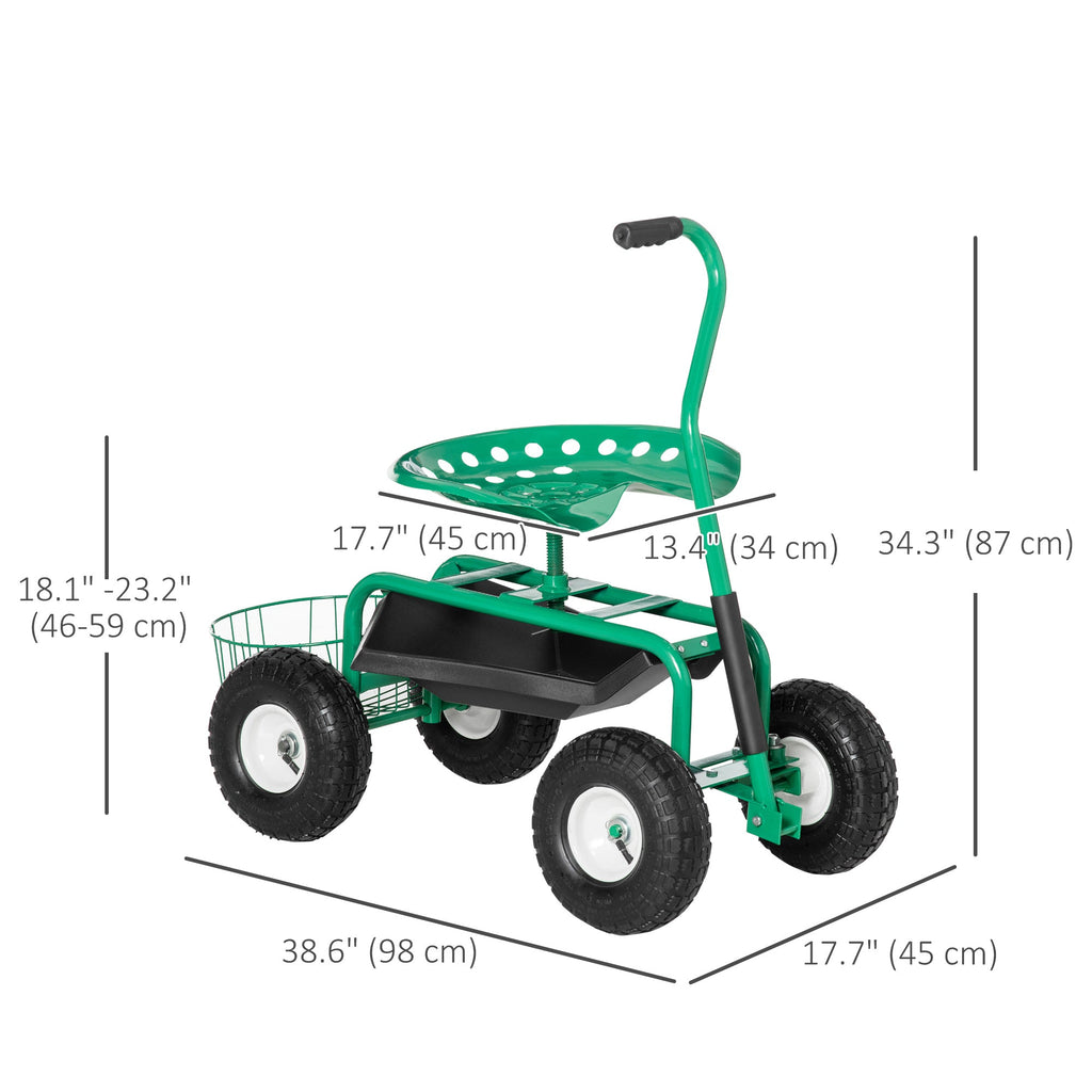 Garden Rolling Cart with Swivel and Adjustable Seat, Tool Tray, Bucket Basket, Green