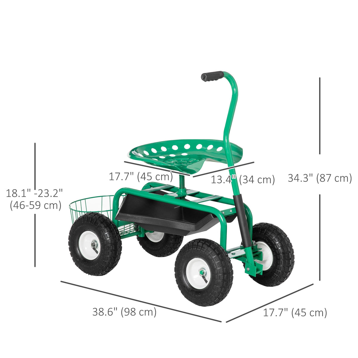 Garden Rolling Cart with Swivel and Adjustable Seat, Tool Tray, Bucket Basket, Green