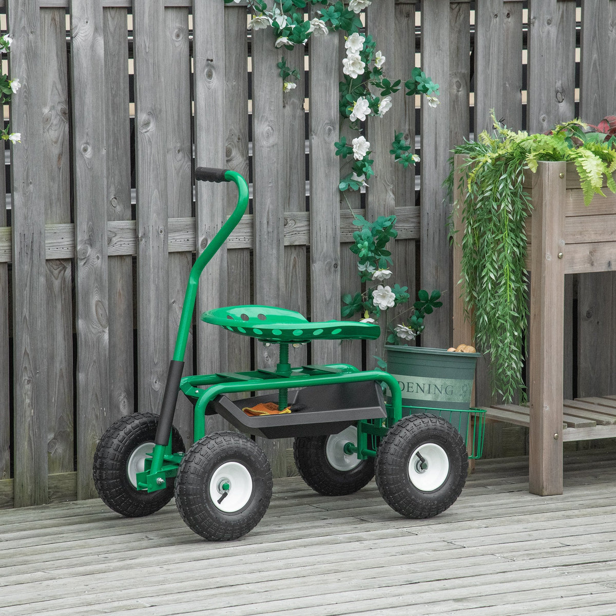 Garden Rolling Cart with Swivel and Adjustable Seat, Tool Tray, Bucket Basket, Green