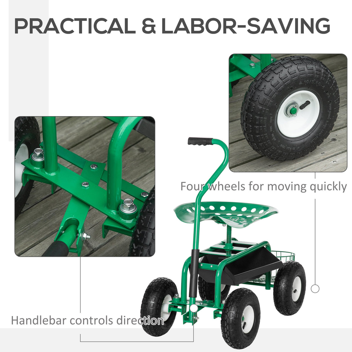 Garden Rolling Cart with Swivel and Adjustable Seat, Tool Tray, Bucket Basket, Green