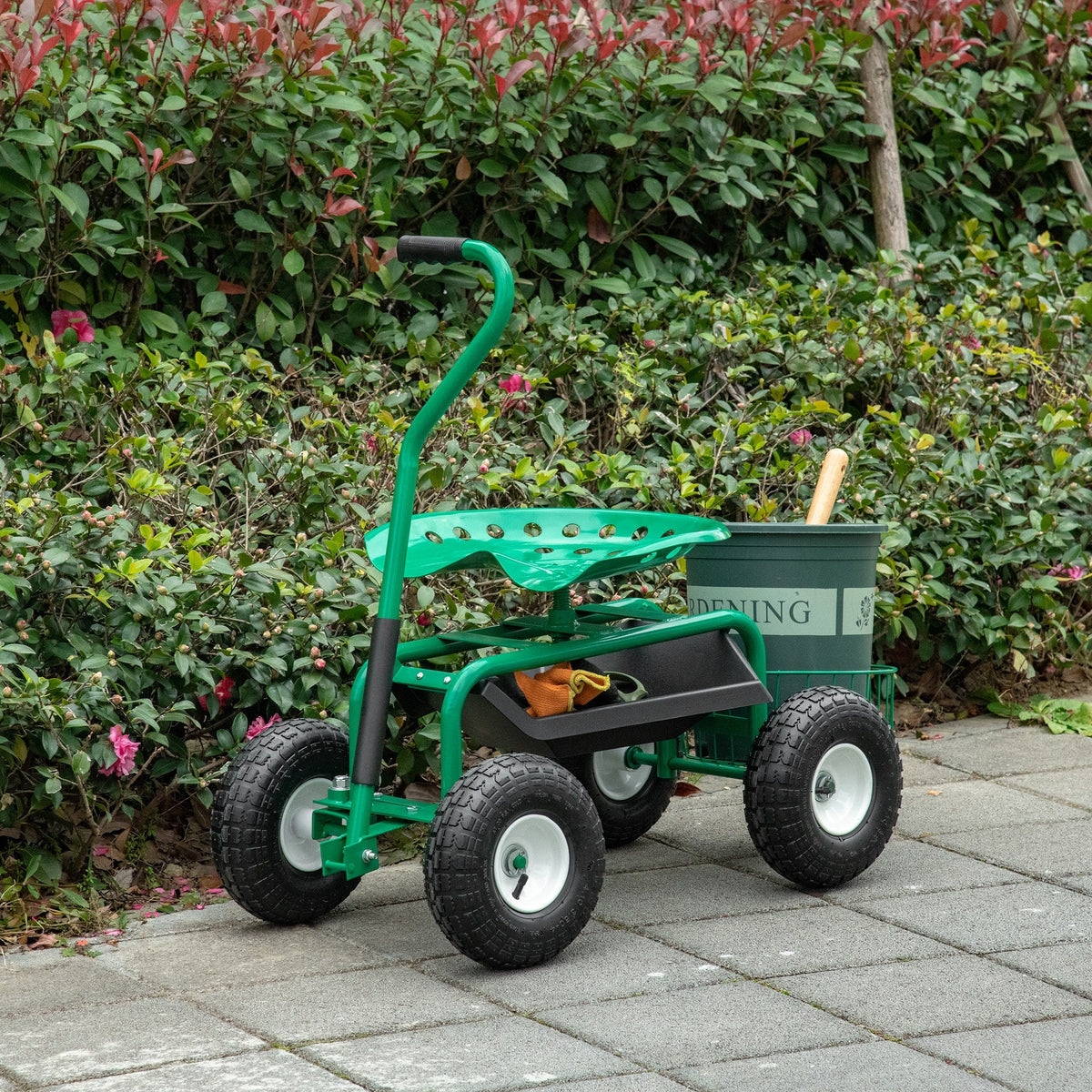 Garden Rolling Cart with Swivel and Adjustable Seat, Tool Tray, Bucket Basket, Green