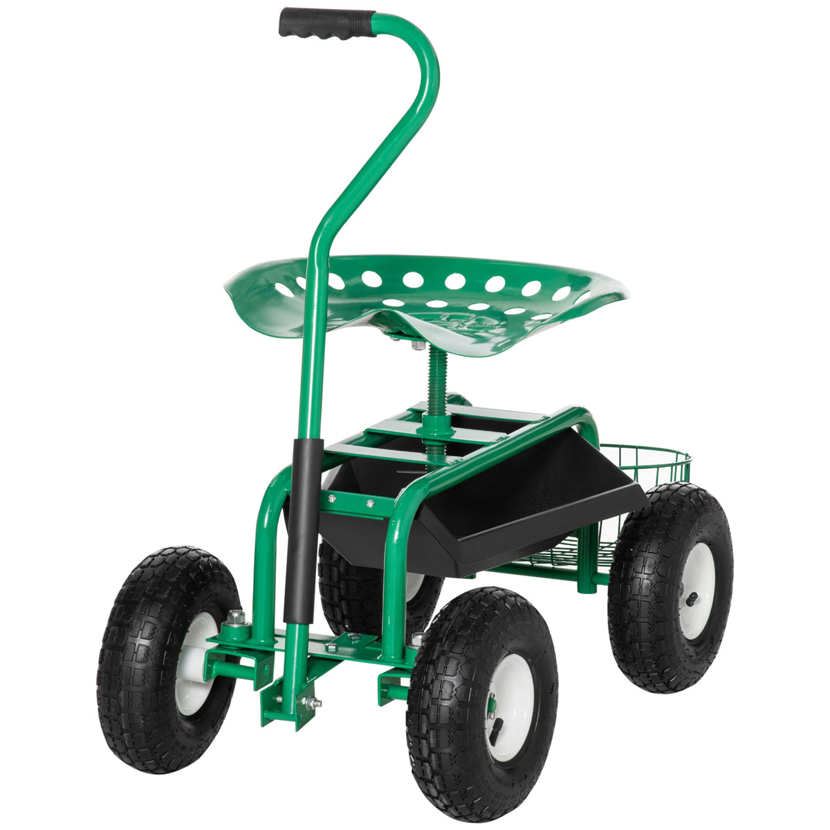 Garden Rolling Cart with Swivel and Adjustable Seat, Tool Tray, Bucket Basket, Green