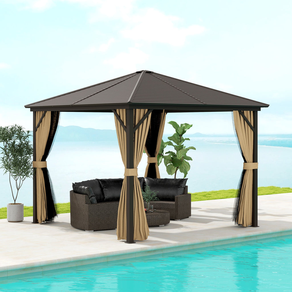 10' x 10' Hardtop Gazebo with Mosquito Netting & Aluminum Frame, Brown