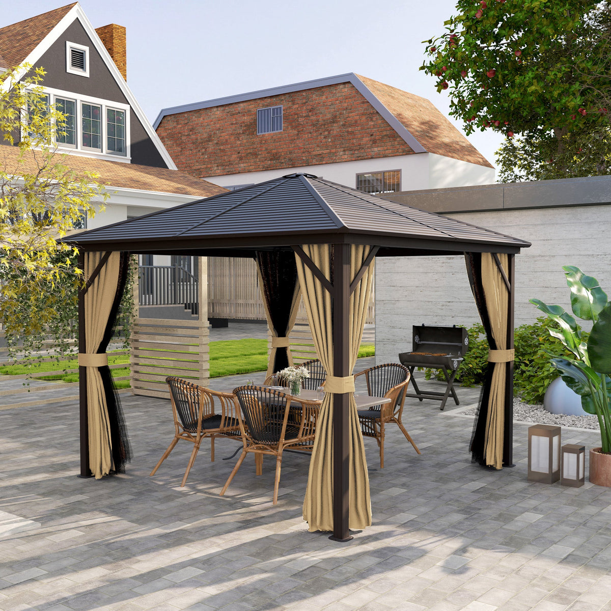 10' x 10' Hardtop Gazebo with Mosquito Netting & Aluminum Frame, Brown
