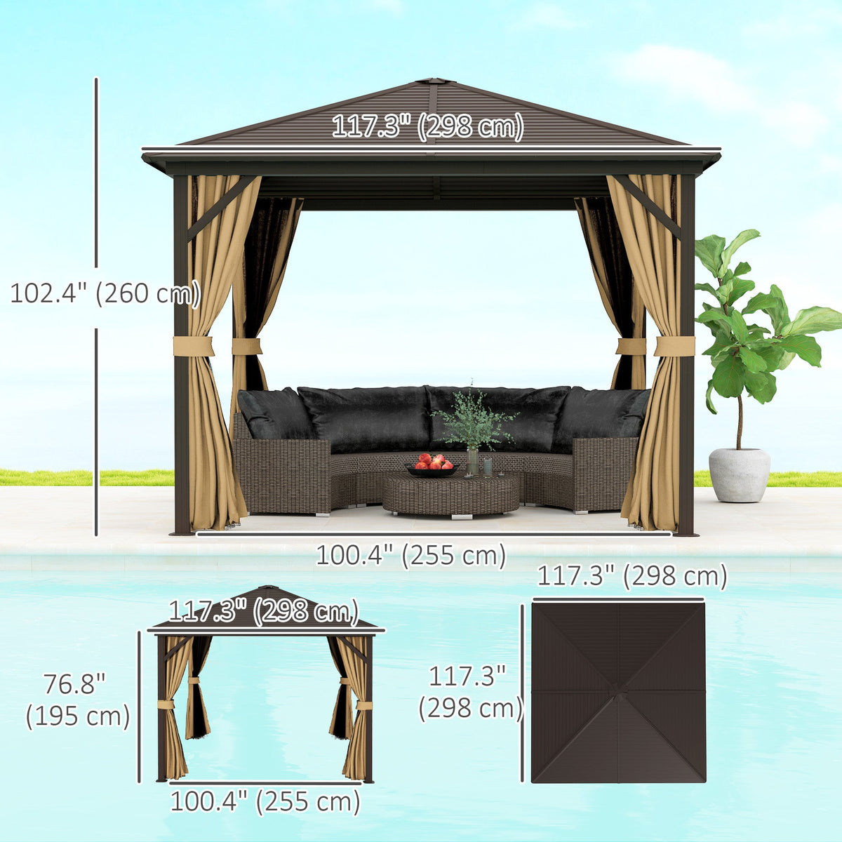 10' x 10' Hardtop Gazebo with Mosquito Netting & Aluminum Frame, Brown