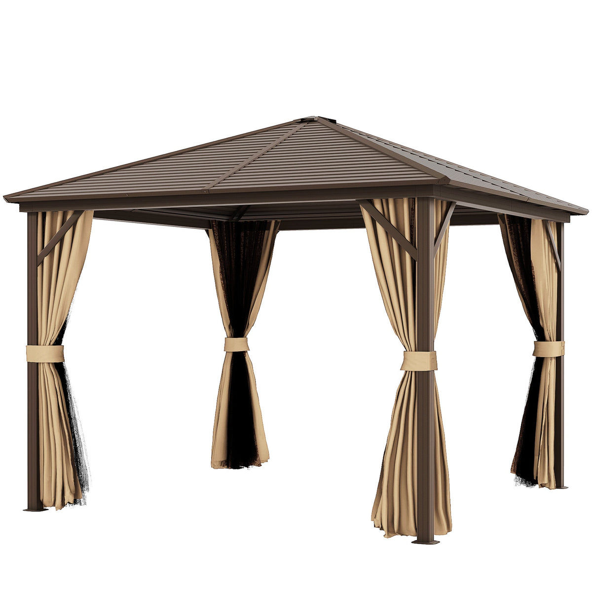 10' x 10' Hardtop Gazebo with Mosquito Netting & Aluminum Frame, Brown