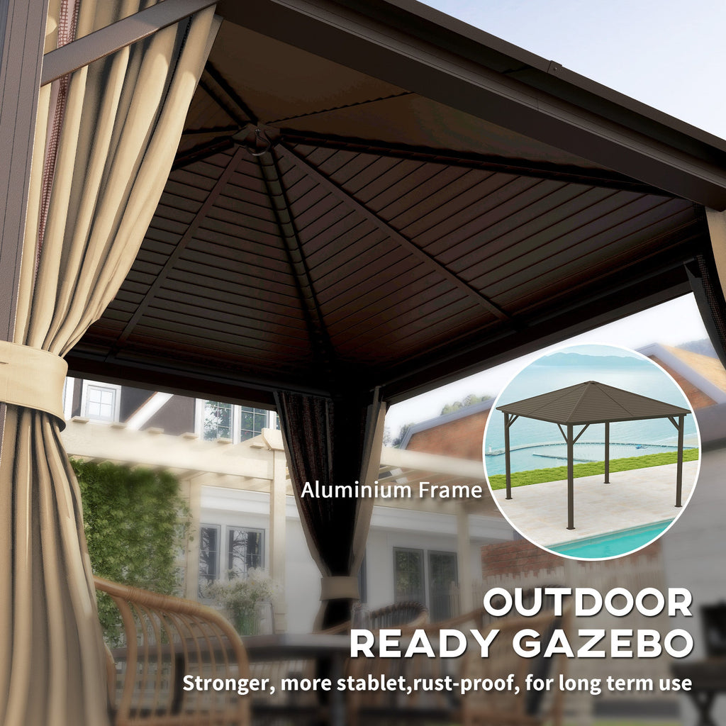10' x 10' Hardtop Gazebo with Mosquito Netting & Aluminum Frame, Brown