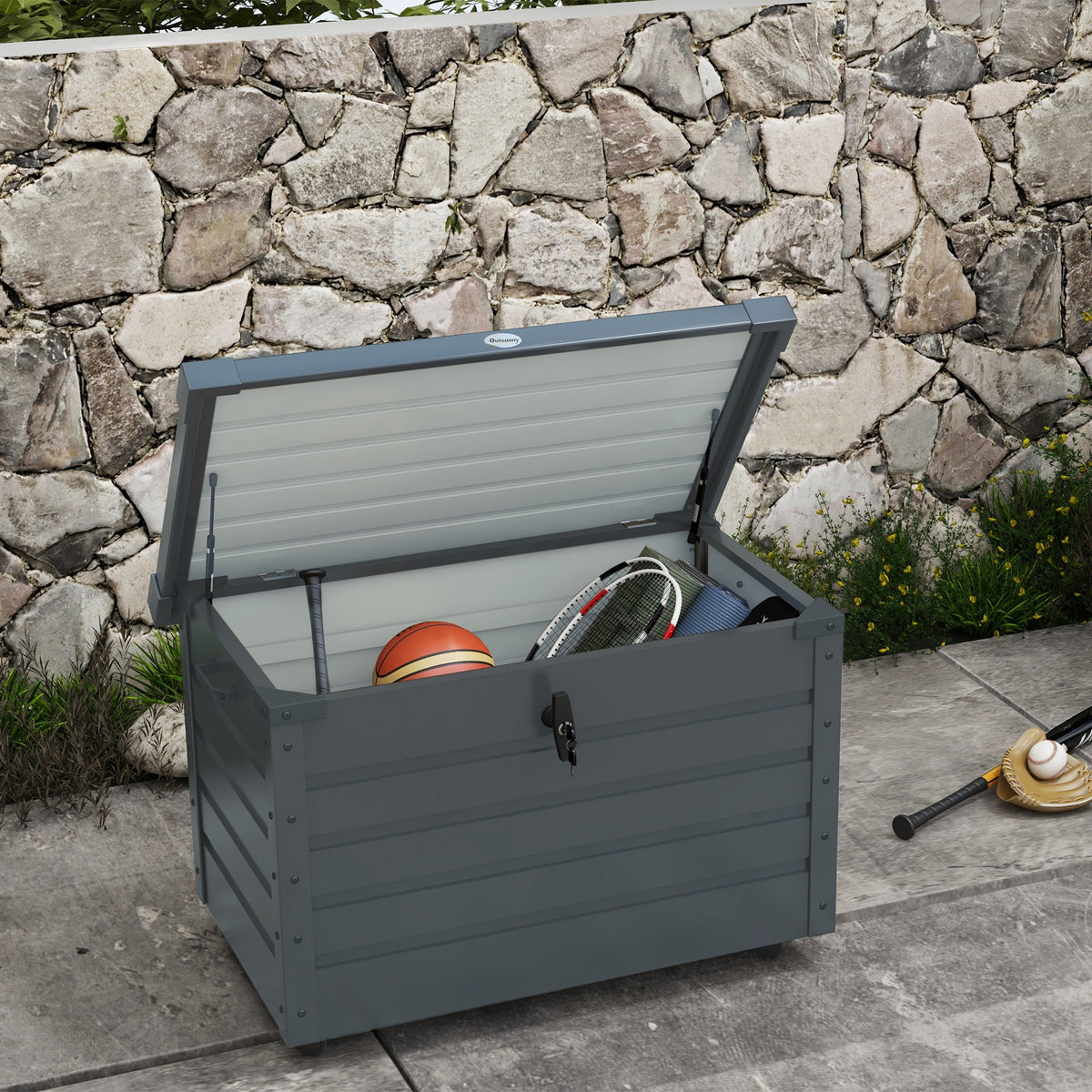 78 Gallon Galvanized Steel Deck Box with Wheels and Handles, Dark Grey