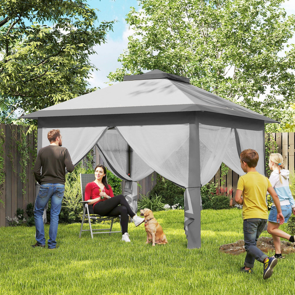 3.3 x 3.3m Pop Up Gazebo with Double Roof & Mesh Sidewalls, Grey