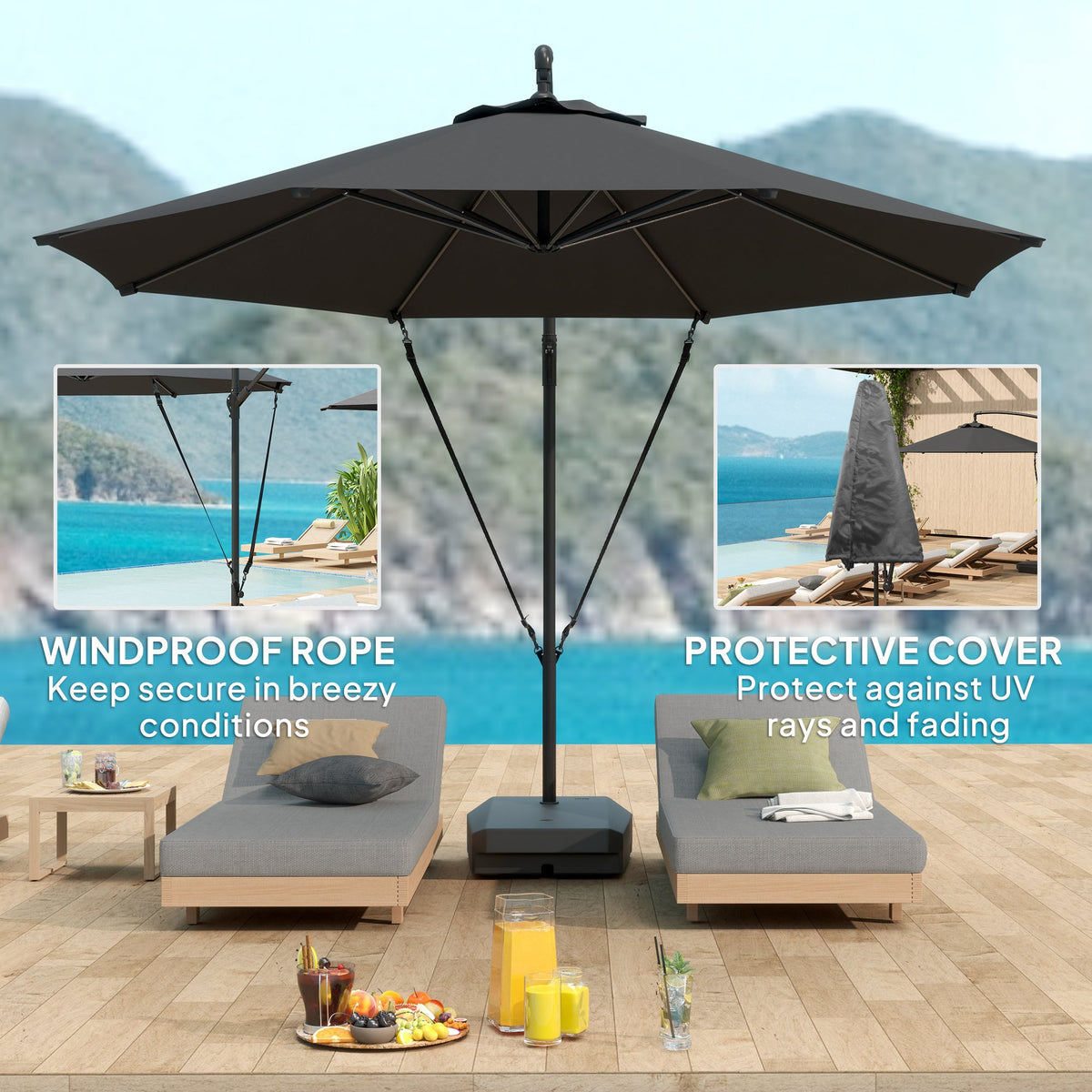 10' Round Cantilever Umbrella with Fillable Base & Cover, UPF50+, Grey
