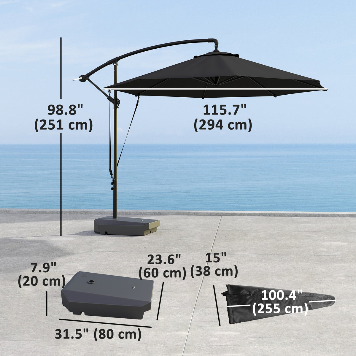 10' Round Cantilever Umbrella with Fillable Base & Cover, UPF50+, Grey