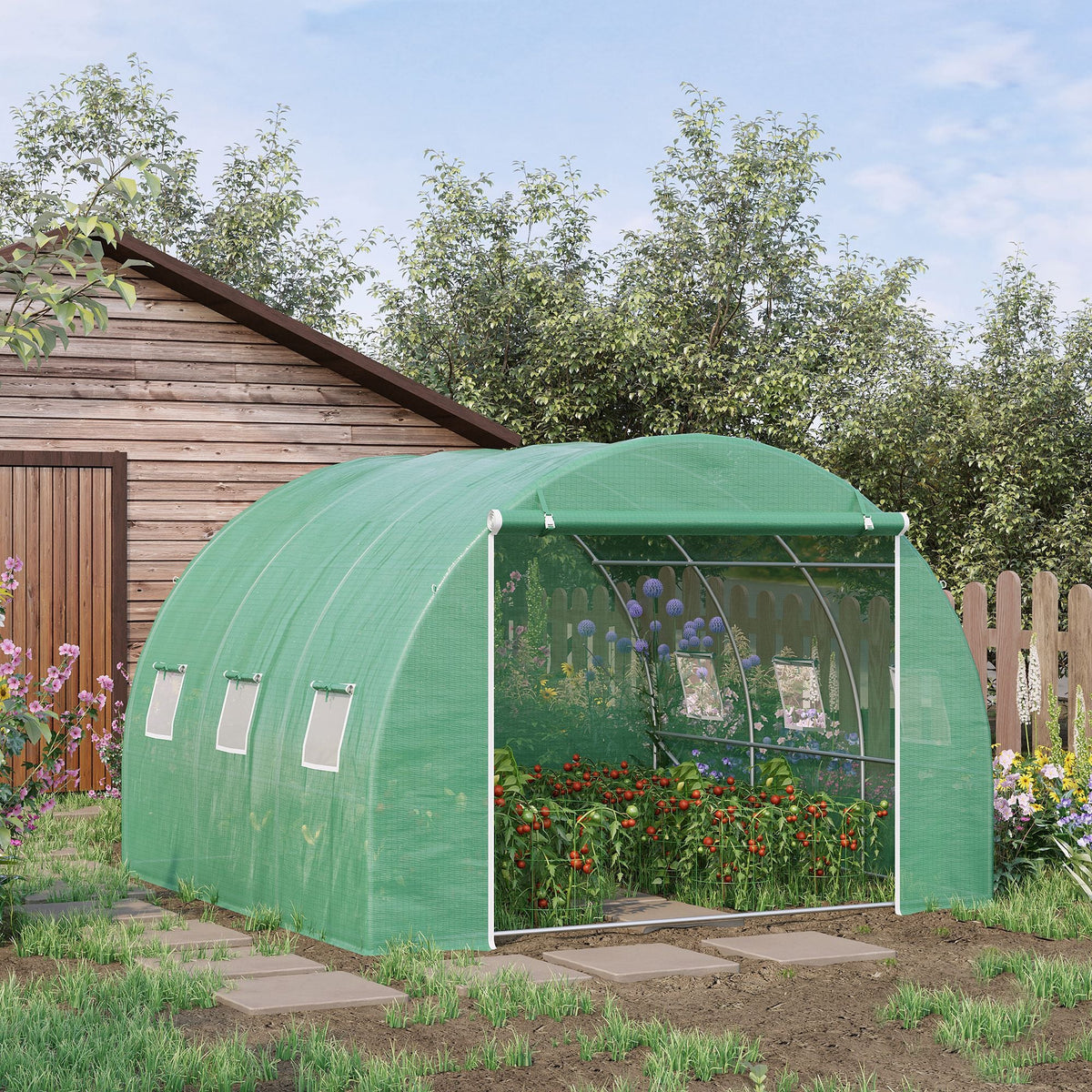 10' x 10' x 6.5' Walk-in Tunnel Greenhouse with Roll-Up Zipper Door & 6 Windows, Green