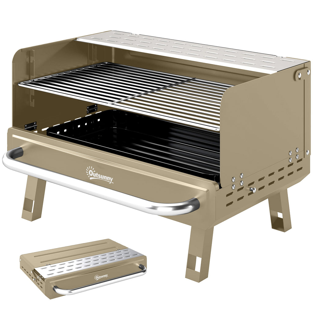 Portable Charcoal BBQ Grill with Adjustable Grates and Side Shelf, Khaki