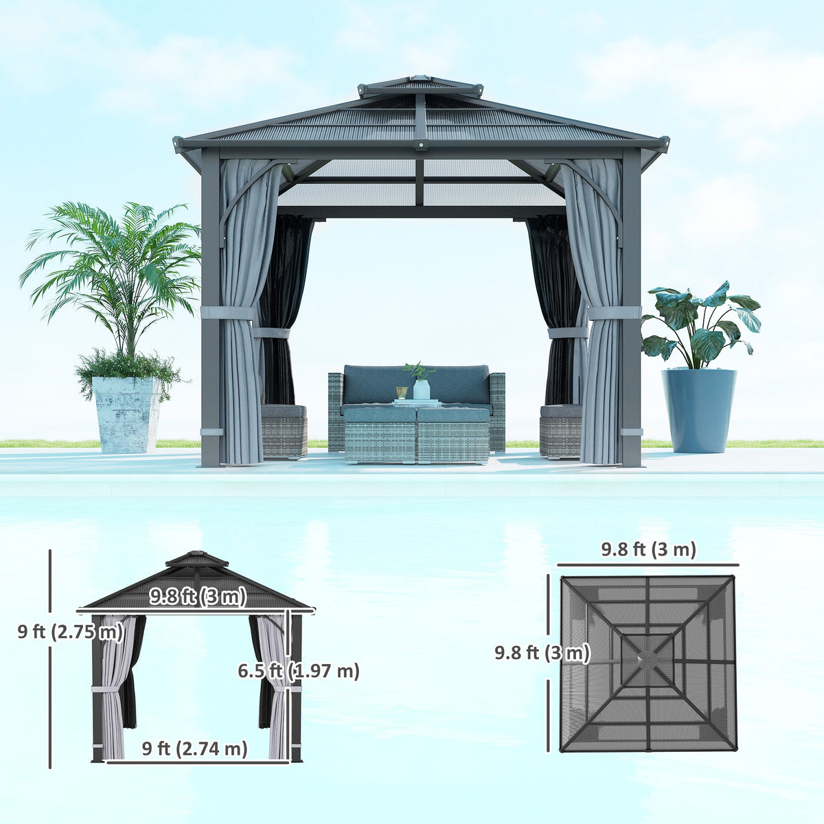 10' x 10' Hardtop Gazebo with 7mm Polycarbonate Double Roof