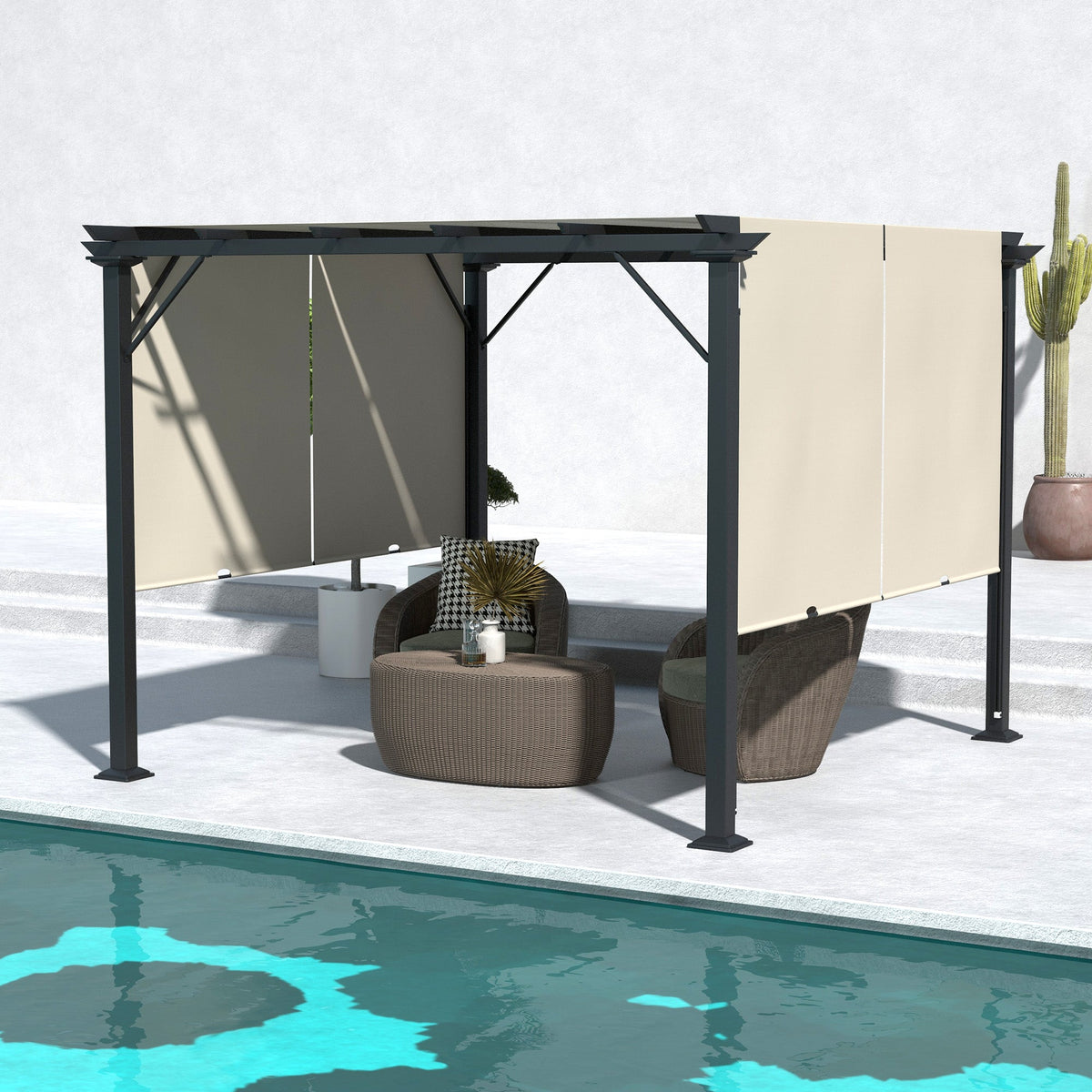 10' x 10' Outdoor Gazebo with Sun Shade Canopy and Steel Frame, Beige