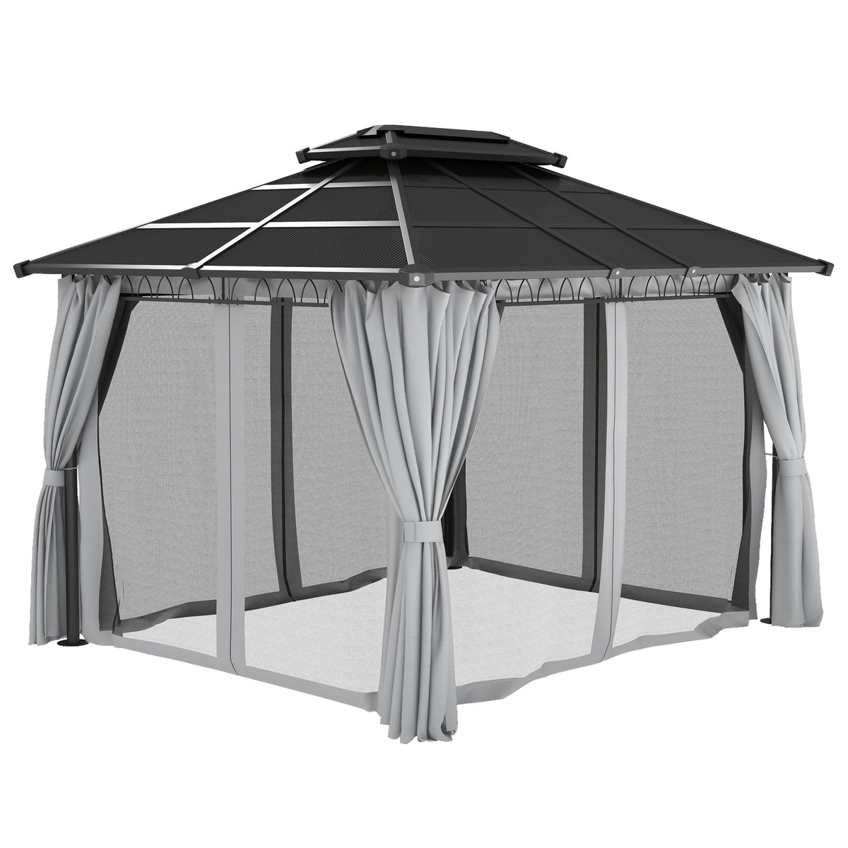 10' x 12' Outdoor Gazebo Canopy with Polycarbonate Roof, Nettings and Curtains, Light Grey