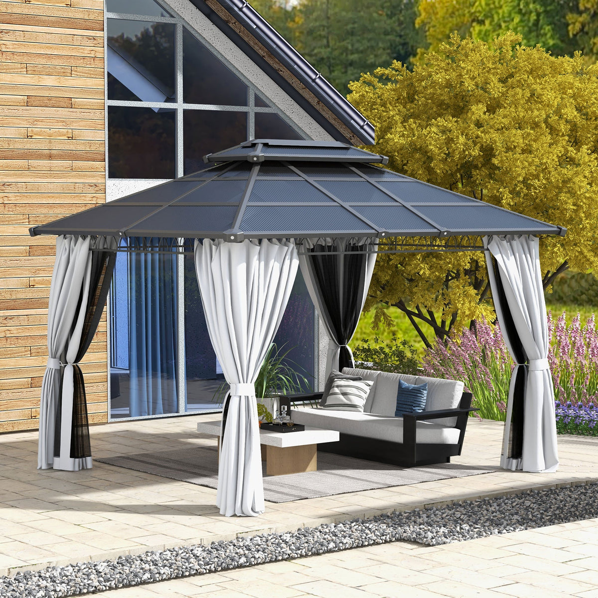 10' x 12' Outdoor Gazebo Canopy with Polycarbonate Roof, Nettings and Curtains, Light Grey